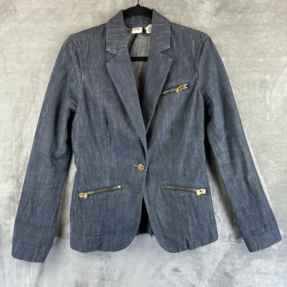 Armani Exchange Blazer Jean Jacket Women's M Denim Blue Gold Toned Details